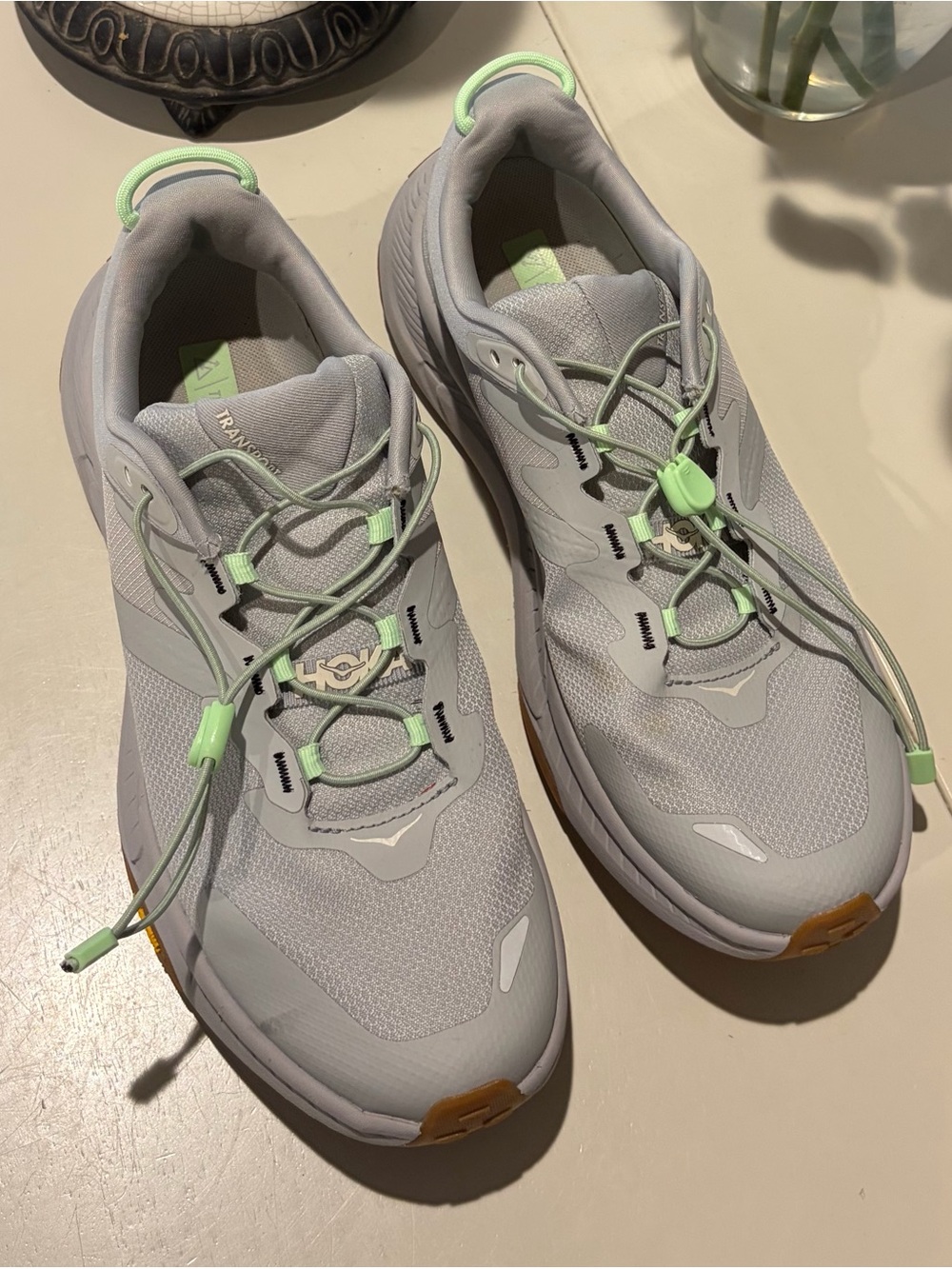 Hoka One One Women's Light Gray Sneakers with Mint Pull-Tabs